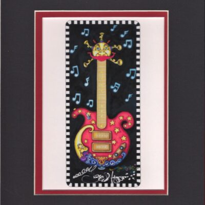 Red Guitar with brass horns Fine Art Giclee, matted to fit an 8″ x 10″ frame