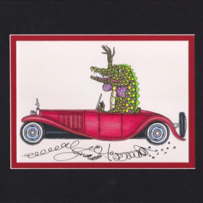 Gator Driving Bugatti Fine Art Giclee, matted to fit an 8″ x 10″ frame