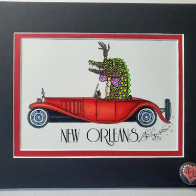 Gator Driving Bugatti Fine Art Giclee, matted to fit an 8″ x 10″ frame