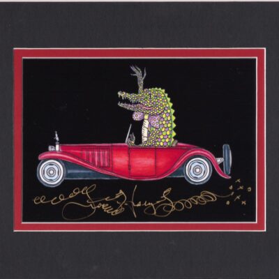 Alligator driving Bugatti, Limited Edition Fine Art Giclee, black background, signed