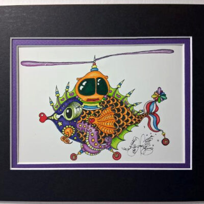 Whirly Fishcopter Fine Art Giclee, matted to fit an 8″ x 10″ frame FREE NOLA heart pin