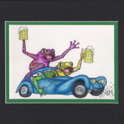Frogs in a 1932 “Blugatti” , matted to fit an 8″ x 10″ frame