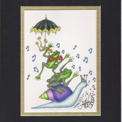 Frogs riding a Snail , matted to fit an 8″ x 10″ frame