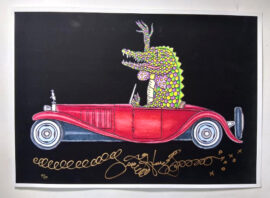 Gator driving Bugatti, Fine Art Giclee, signed, Black Background #41/50