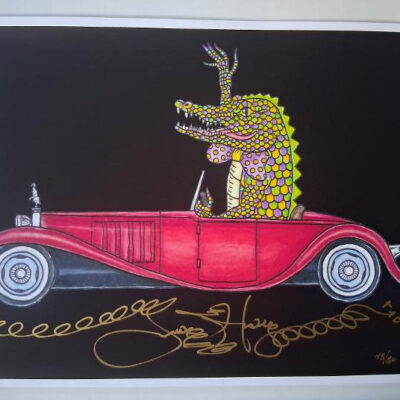 Gator driving Bugatti, Fine Art Giclee, signed, Black Background #45/50