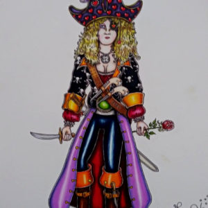 Original Color Pencil Drawing, Pirate Princess 16 in. sq