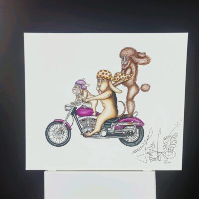 Original Color Pencil Drawing, Motorcycle Dogs 15 x 17 inches