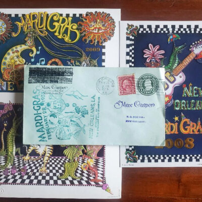 1933 Mardi Gras cover envelope, cancelled with stamps plus 3 5×7 Jamie Hayes prints