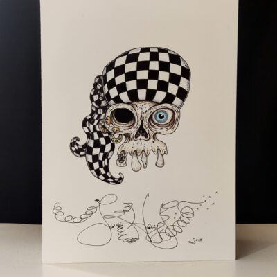 Original Color Pencil Drawing, Checkerboard Skull, 15 x 11 inches