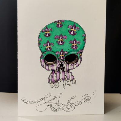 Original Color Pencil Drawing, Fleur-de-Lis Skull, 15 x 11 inches