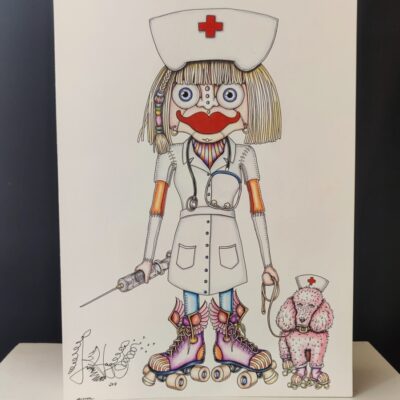 Original Color Pencil Drawing, Nurse Voodoo Doll 15 x 22 inches