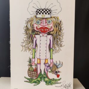 Original Color Pencil Drawing, Chef Voodoo Doll 15 x 22 inches
