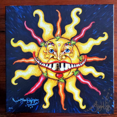 Piano Mouth Sun with Chili Peppers on Canvas, signed, 12″ x 12″