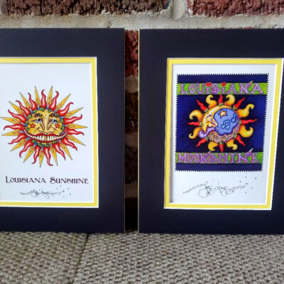 Louisiana Sunshine & Louisiana Moonshine prints, double matted, 8 x 10, signed