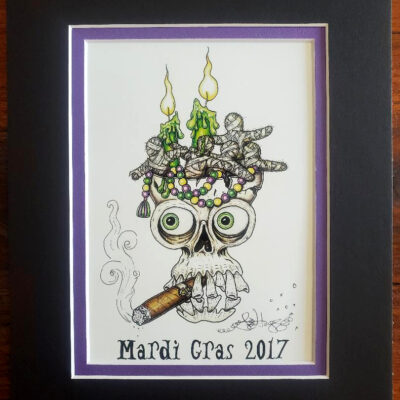 Cigar Skull Mardi Gras 2017, double matted, 8 x 10, signed