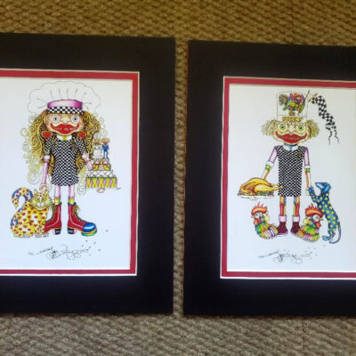 “I Love Chicken” & “I Love to Bake” prints, double matted, 8 x 10, signed
