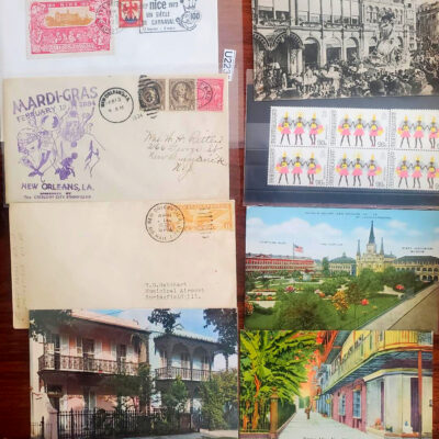 Assorted Vintage Mardi Gras postcards, stamps, cover envelope plus 3 5×7 Jamie Hayes prints