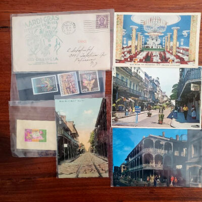 Assorted Vintage Mardi Gras postcards, stamps, cover envelope plus 3 5×7 Jamie Hayes prints