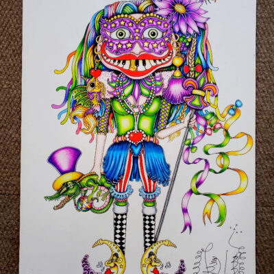 Original Color Pencil Drawing, Mardi Gras Queen 15 x 22 inches