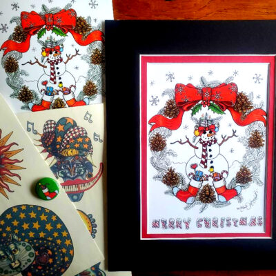 Merry Christmas print, double matted, 8 x 10 plus card, tattoos, button