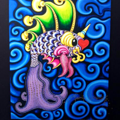 Dancing Pucker Fish Limited Edition Fine Art Giclee, signed, Black Background