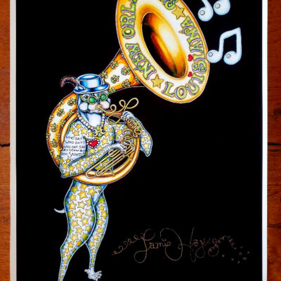 “Who Dat” Tuba Dog black background giclee, remarqued 12 x 16 in. #4/10