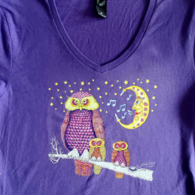 Owl and babies T-Shirt, M, Purple, Hanes V neck, 100% cotton