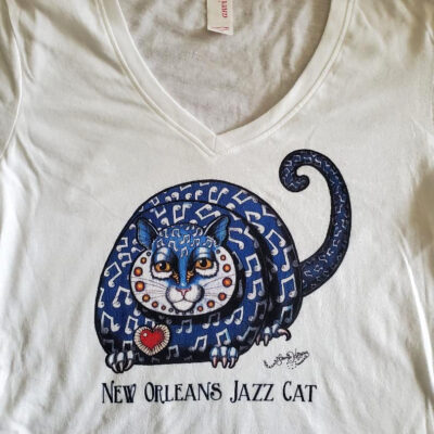 Jazz Cat T-Shirt, XS, White, Hanes V neck, 100% cotton