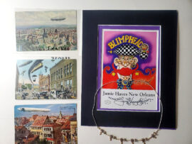 18" Sterling Silver Blimp Necklace with Jewels Plus 3 Vintage Zeppelin postcard & signed print