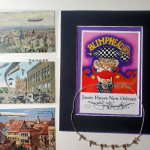 18″ Sterling Silver Blimp Necklace with Jewels Plus 3 Vintage Zeppelin postcard & signed print
