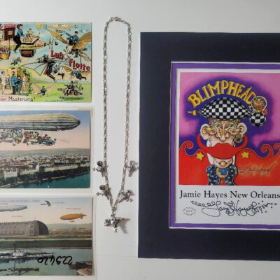 Sterling Silver Blimp Necklace Plus 3 Vintage Zeppelin postcards & signed print