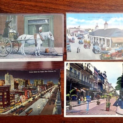 Set of 4 Vintage New Orleans postcards, 1933 Mardi Gras stamp, plus 3 5×7 Jamie Hayes prints