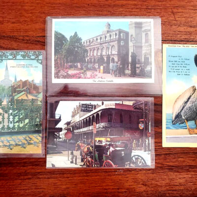 Set of 4 Vintage New Orleans postcards, 1932 Mardi Gras stamp, plus 3 5×7 Jamie Hayes prints