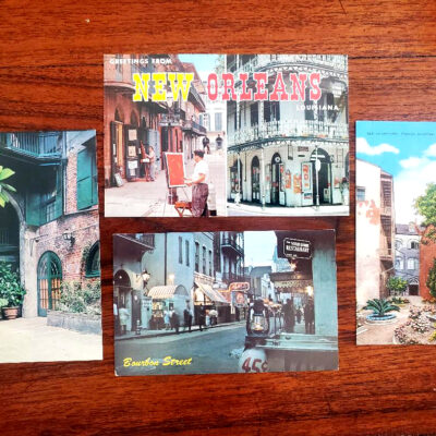 Set of 4 Vintage New Orleans postcards, 1932 Mardi Gras stamp, plus 3 5×7 Jamie Hayes prints