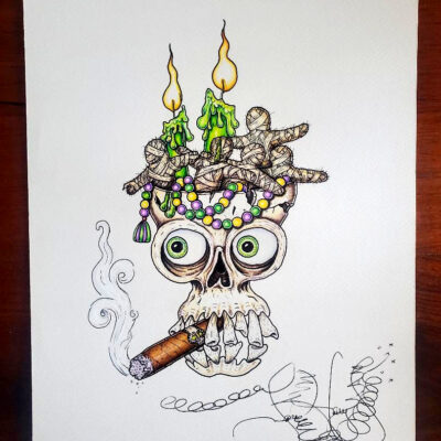 Original Color Pencil Drawing, Cigar Smoking Skull, BONUS Halloween print