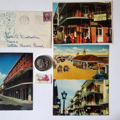 4 Vintage New Orleans postcards, 1933 Mardi Gras cancelled envelope, stamp, 1974 Bacchus doubloon