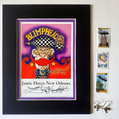 Blimphead print, signed & matted PLUS Sterling Silver Star Zeppelin Earrings with Diamonds