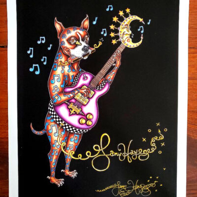 Dog Playing Guitar Fine Art Giclee, signed, Black Background