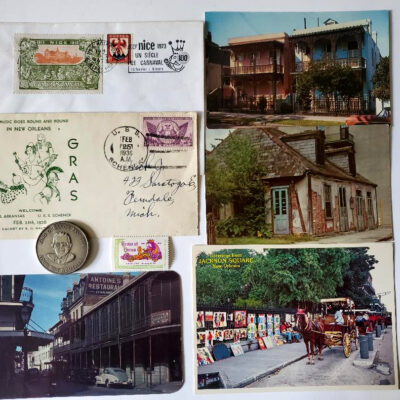 4 Vintage New Orleans postcards, 1936 Mardi Gras cancelled envelope, stamp, 1974 Okeanos doubloon