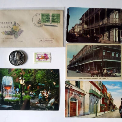 4 Vintage New Orleans postcards, 1937 Mardi Gras cancelled envelope, stamp, 1971 Rex doubloon