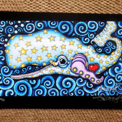 Starry Starry Sperm Whale Giclee, black background, signed