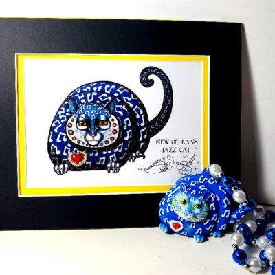 “New Orleans Jazz Cat” signed print, FREE Jazz Cat Mardi Gras bead