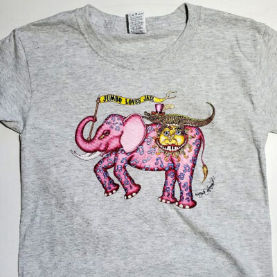 Jumbo Loves Jazz T-Shirt, YOUTH S, Grey, crew neck, 100% cotton