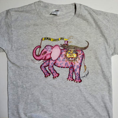 Jumbo Loves Jazz T-Shirt, YOUTH M, Grey, crew neck, 100% cotton