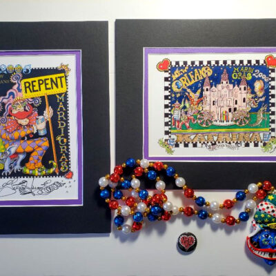 “Repent” signed print, “Bring Back New Orleans” signed print, FREE Bluesman Mardi Gras bead & NOLA button