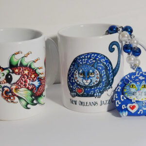 New Orleans Jazz Cat and Pucker Fish 11 oz. ceramic mug Set, plus Jazz Cat Bead