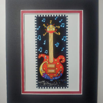 Red Guitar with Moon double matted, 8 x 10, signed