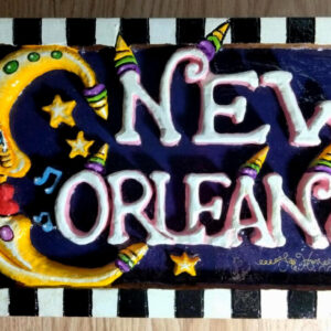 Hand Carved New Orleans Wood Plaque with Singing Moon, 11 x 19 in.