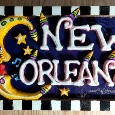 Hand Carved New Orleans Wood Plaque with Singing Moon, 11 x 19 in.