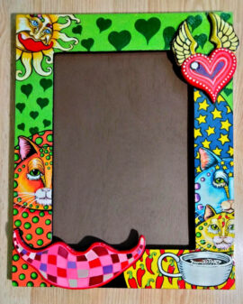 Jamie Hayes Hand Painted Wood Frame, Cats and Coffee
